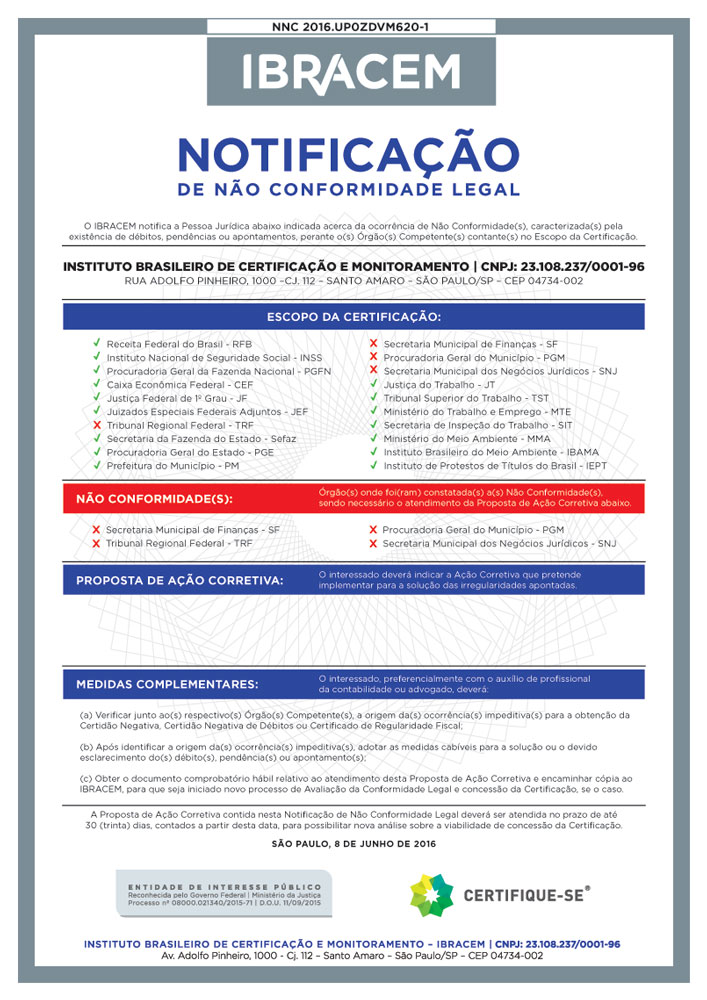 Certificado de Conformidade Legal do IBRACEM